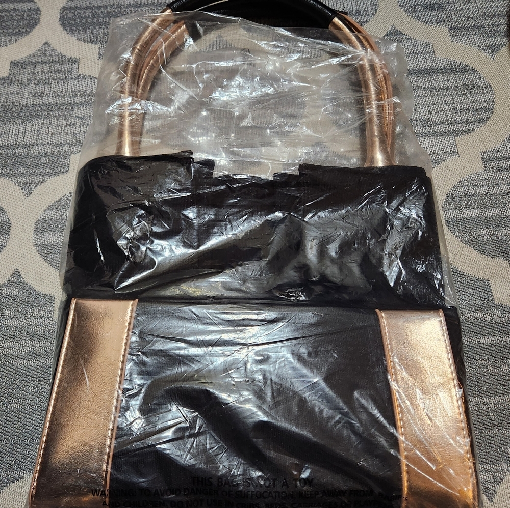 NEW Victoria's Secret Canvas Tote black with gold handles - Picture 2 of 8